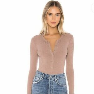 Privacy Please Bodysuit Tan Ribbed Long Sleeve Snap Front Top